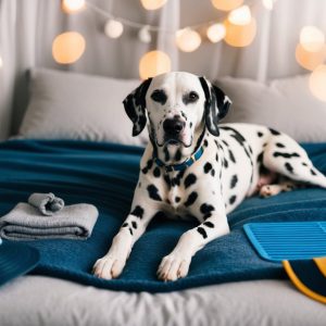 A stylish Dalmatian dog lies on a bed with blue bedding, surrounded by chic accessories: a blue cap, gray folded cloth, and a yellow hat. Warm ambient lighting casts a cozy glow in the background.
