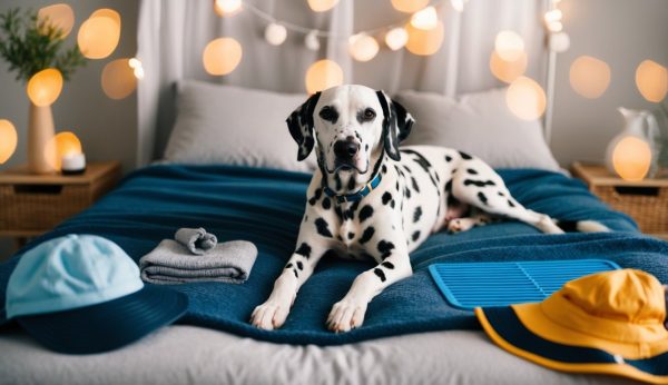 A stylish Dalmatian dog lies on a bed with blue bedding, surrounded by chic accessories: a blue cap, gray folded cloth, and a yellow hat. Warm ambient lighting casts a cozy glow in the background.