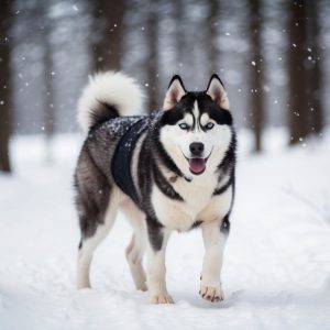 A Siberian Husky, equipped with essential gear for cold climates, trots through a snowy forest. Trees stand tall in the background as snow gently falls, and the dog appears alert and energetic.