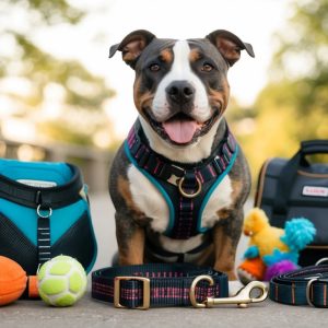 A Staffordshire Bull Terrier sits on a bridge surrounded by pet essentials, including toys, leashes, and bags.