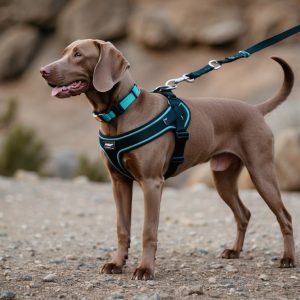An active Weimaraner, sporting a blue harness and leash from Durable Essentials, stands on a rocky path, glancing to the side. Rocky terrain and bushes are in the background.