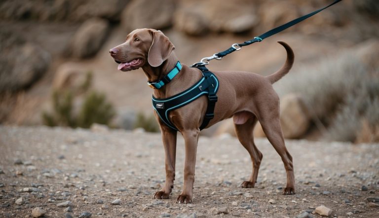 An active Weimaraner, sporting a blue harness and leash from Durable Essentials, stands on a rocky path, glancing to the side. Rocky terrain and bushes are in the background.
