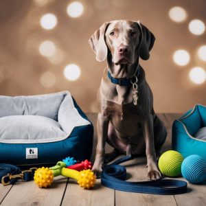 An active Weimaraner sits between two pet beds, surrounded by durable essentials like toys and leashes, on a wooden floor. Blurred lights glow softly in the background.