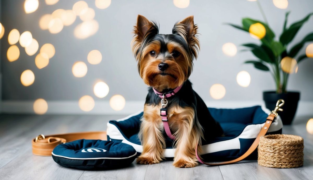 A stylish Yorkshire Terrier sits gracefully on a dog bed, its leash resting nearby, surrounded by a plant and abstract lights that add a touch of charm to this functional setting.