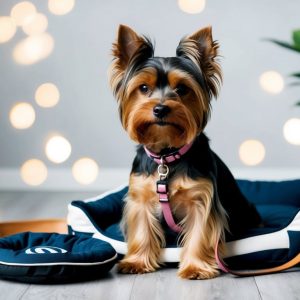 A stylish Yorkshire Terrier sits gracefully on a dog bed, its leash resting nearby, surrounded by a plant and abstract lights that add a touch of charm to this functional setting.