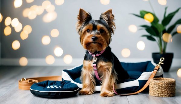 A stylish Yorkshire Terrier sits gracefully on a dog bed, its leash resting nearby, surrounded by a plant and abstract lights that add a touch of charm to this functional setting.