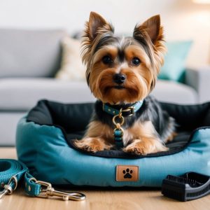 A stylish Yorkshire Terrier sits in a blue pet bed atop a wooden table, surrounded by functional items like a leash, grooming brush, and yellow spray bottle. A cozy couch and lush plant provide the perfect backdrop for this charming scene.