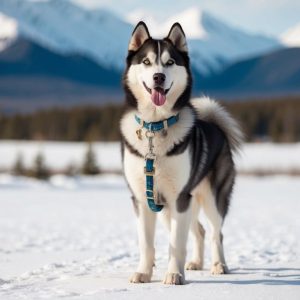 A Siberian Husky, with its tongue out and collar gleaming, stands on a snowy landscape with majestic mountains in the background, ready for adventure.