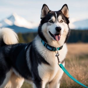 A Siberian Husky on a sturdy leash stands proudly in a grassy field, with snow-capped mountains painting a majestic backdrop, reminiscent of its Alaskan Malamute cousin's rugged terrain.