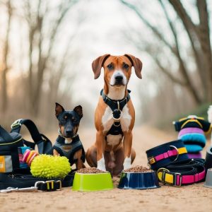 Three African dogs sit on a dirt path surrounded by essential pet supplies, including bowls, toys, and bags.