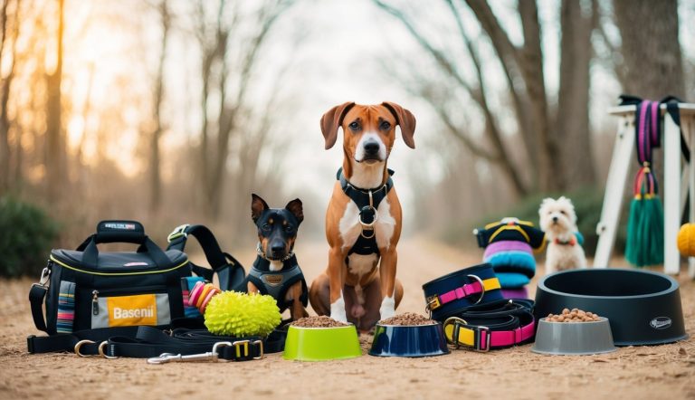 Three African dogs sit on a dirt path surrounded by essential pet supplies, including bowls, toys, and bags.