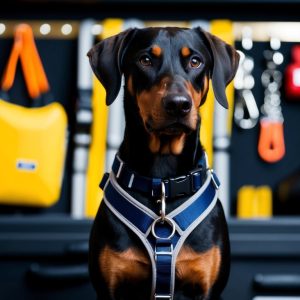 A black and tan dog wearing a blue harness sits in front of a set of hanging tools and equipment, showcasing the perfect blend of safety and style. With its essential gear, this canine is ready to explore, embodying the essence of Doberman accessories.