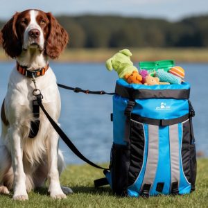An active dog lounges on grass beside a blue bag brimming with toys, featuring some of the top 10 picks for Irish Setter accessories, all set against the tranquil backdrop of a shimmering body of water.