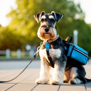 A stylish Giant Schnauzer with a blue backpack and leash sits on a paved path, surrounded by lush greenery under a clear sky, showcasing its trendy accessories.