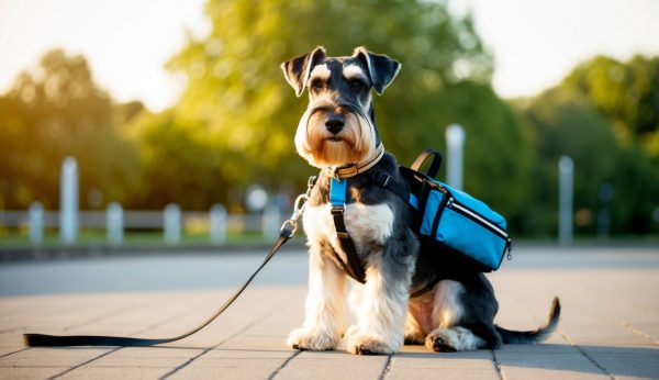 A stylish Giant Schnauzer with a blue backpack and leash sits on a paved path, surrounded by lush greenery under a clear sky, showcasing its trendy accessories.