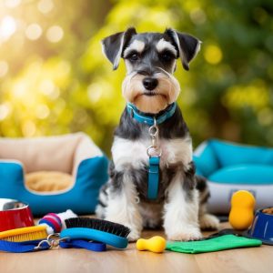 A Miniature Schnauzer puppy sits amidst a delightful array of accessories, including bowls, a leash, a brush, chew toys, and cozy beds. Set on a wooden floor with a blurred outdoor backdrop, it’s the perfect scene from an essential guide to pampering Miniature Schnauzers.
