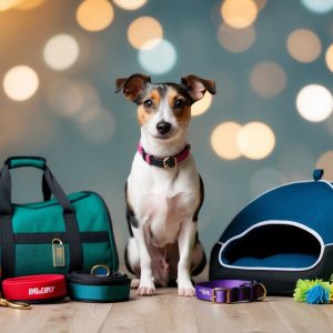 A small dog with a collar sits on a wooden floor surrounded by essential equipment for every occasion, including a green bag, balls, a bed, and leashes. Blurred lights twinkle softly in the background.