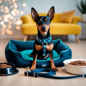 A Miniature Pinscher, a small black and tan dog, relaxes on a blue pet bed. It's surrounded by must-have items like bowls of kibble and a leash, all set in a cozy living room.