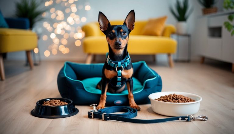 A Miniature Pinscher, a small black and tan dog, relaxes on a blue pet bed. It's surrounded by must-have items like bowls of kibble and a leash, all set in a cozy living room.