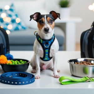 A small dog sits on a table with a blue harness, surrounded by its Essential Equipment: travel bags, a blue leash, Rat Terrier Gear, a bowl of dry food, a bowl of peas, and colorful toys.