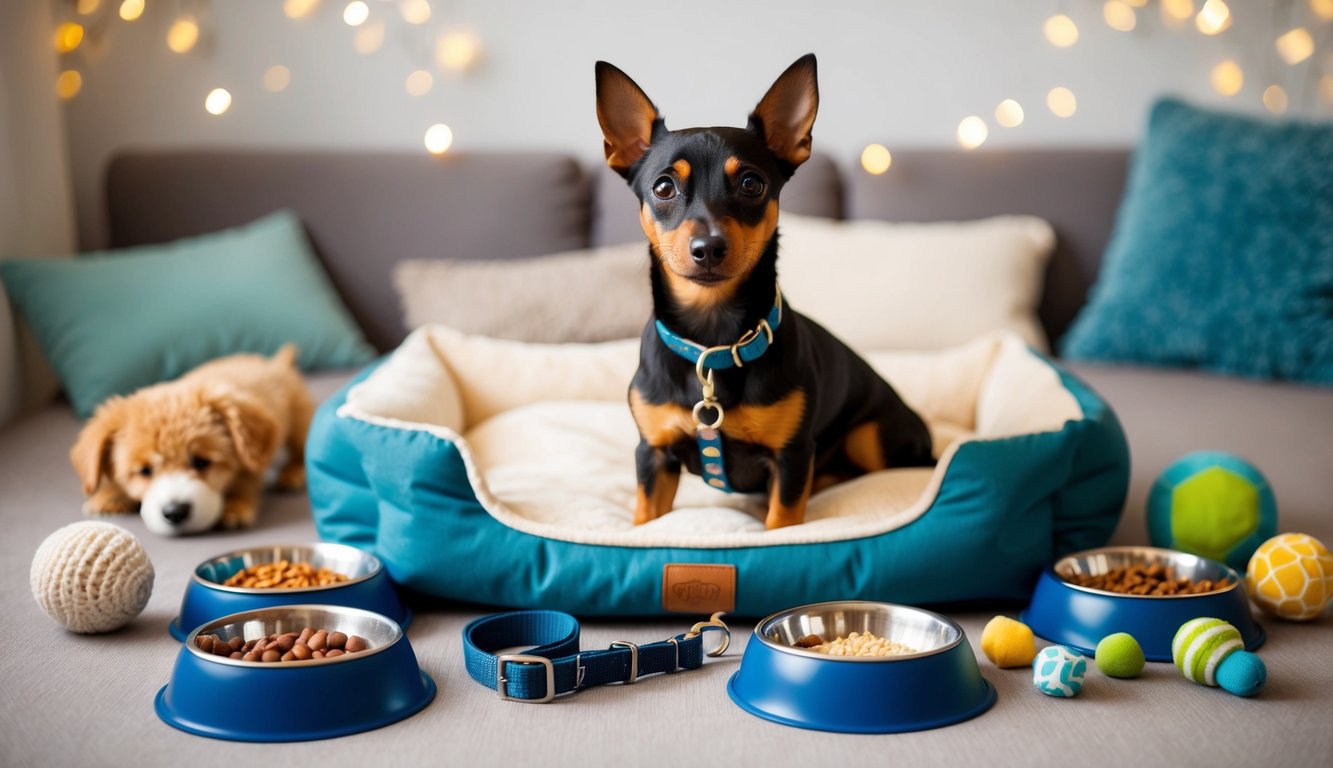 A small black and tan Miniature Pinscher sits on a blue pet bed surrounded by essential gear like bowls of food, a leash, and must-have toys. Another dog rests in the background.