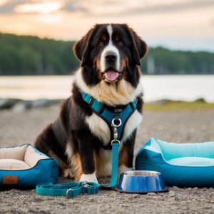A large black, brown, and white Newfoundland dog sits between two pet beds with must-have essentials like a leash and water bowl in front, all set by a lakeside with a forest and cloudy sky as the backdrop.