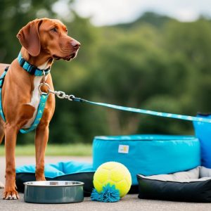 A brown dog on a leash stands beside Vizsla accessories, including a blue harness, two beds, a food bowl, a backpack, a tennis ball, and a rug toy on the paved path for active dog owners. The greenery in the background completes this scene of top gear essentials.