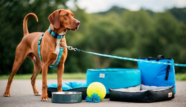 A brown dog on a leash stands beside Vizsla accessories, including a blue harness, two beds, a food bowl, a backpack, a tennis ball, and a rug toy on the paved path for active dog owners. The greenery in the background completes this scene of top gear essentials.