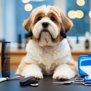A fluffy dog sits on a table surrounded by must-have accessories, including scissors, a comb, spray bottle, and essential care items in a blue grooming kit.