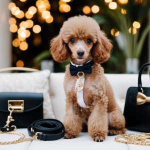 A poodle, epitomizing everyday elegance, dons a bow tie as it sits gracefully between two black handbags with gold accents on a white sofa. Blurred decorative lights twinkle in the background, enhancing this chic setting.