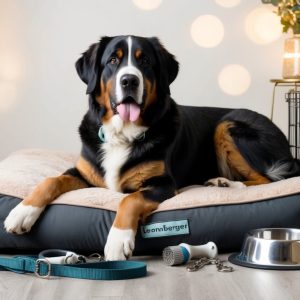 A gentle giant, the Leonberger lounges on a cozy dog bed surrounded by must-have accessories: a sturdy leash, grooming brush, metal bowl, and spacious crate. The softly lit room features a plant and decorative lights in the background, creating a peaceful atmosphere for this majestic companion.
