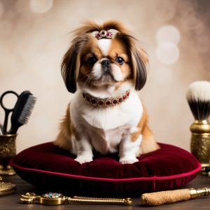 A Pekingese with long ears, adorned in a jeweled collar and tiara, rests regally on a red cushion. Surrounded by grooming accessories like scissors, combs, and brushes, it exudes an aura of royal comfort against the blurred backdrop.
