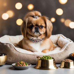 A Pekingese with long fur lounges in a plush bed, embodying royal comfort. Various bowls of pet food and essential accessories are arranged in front against a decoratively lit background.