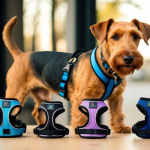 An Airedale Terrier sporting a blue harness stands beside a table lined with harnesses of various colors, including blue, black, purple, and dark blue. Designed for comfort and control, these harnesses promise a perfect fit for energetic adventures.