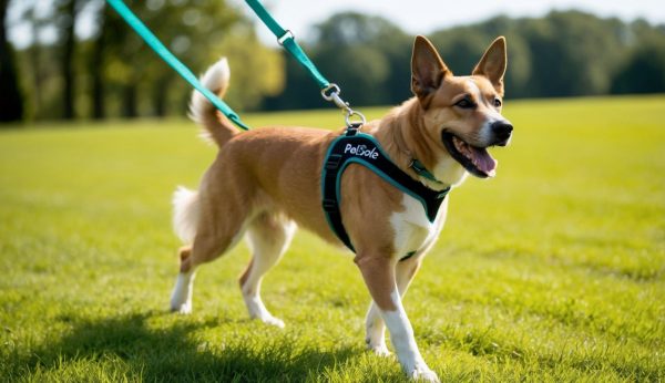 A gleeful tan and white Carolina Dog strolls on the grass, outfitted in a green harness and attached to two leashes. Trees stand proudly in the background.