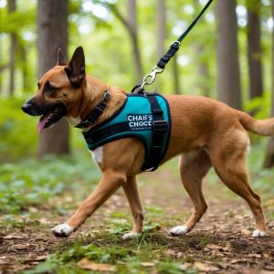 A brown Australian Dingo wearing a harness walks on a forest path, surrounded by green foliage and trees, evoking a wild canine comparison with nature.