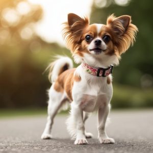 A small dog with large ears and a white and tan coat stands alert on a paved path, adorned with Papillon Accessories—a charming floral collar. The background features greenery and sunlight.