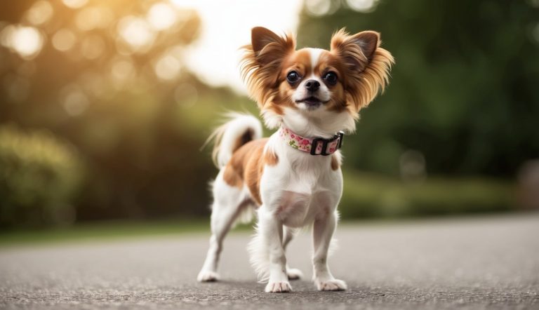 A small dog with large ears and a white and tan coat stands alert on a paved path, adorned with Papillon Accessories—a charming floral collar. The background features greenery and sunlight.