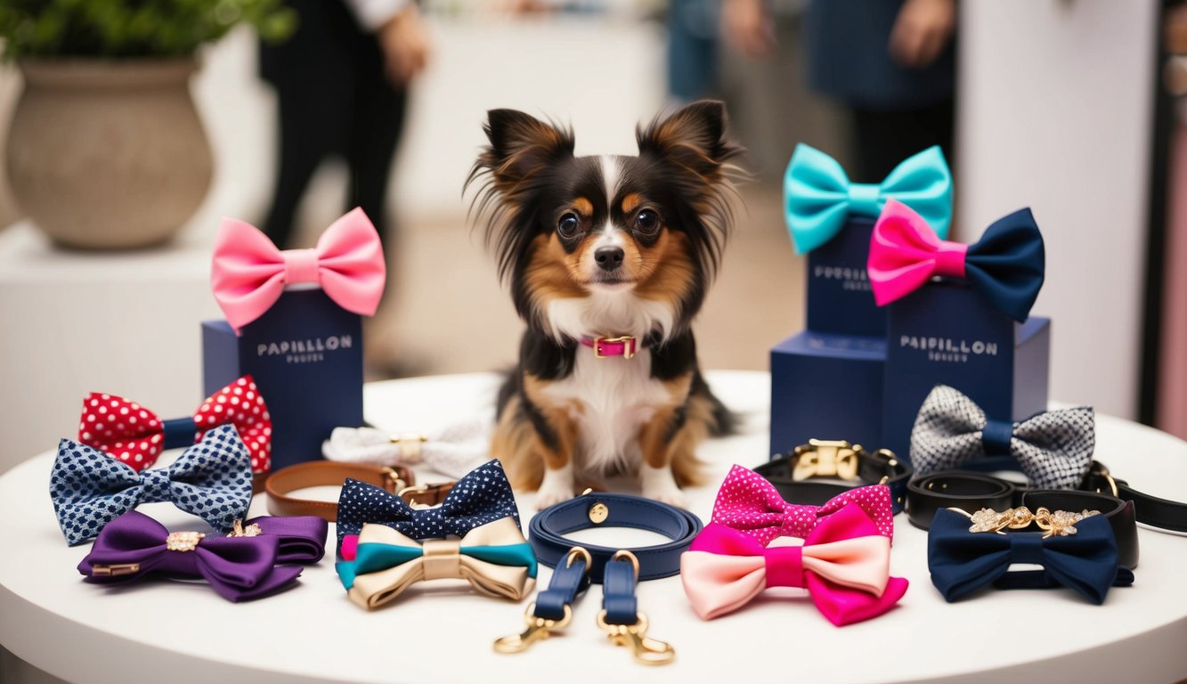 A small dog sits on a table surrounded by colorful bow ties and collars, showcasing a delightful array of Papillon Accessories—the perfect small dog essentials.