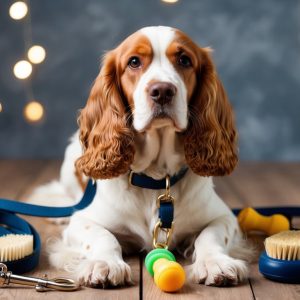 A charming English Cocker Spaniel with long ears sits on a wooden floor, surrounded by grooming tools and accessories. String lights hang in the background, creating a cozy atmosphere.