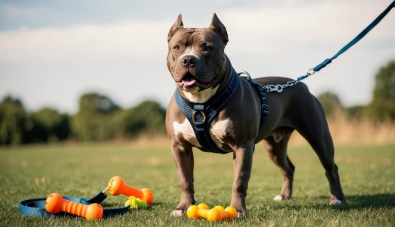 A brown and white Pitbull Terrier on a leash stands on the grassy field with chew toys nearby, showcasing strength and safety under a clear sky. Essential gear keeps everything secure for a fun day outdoors.