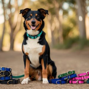 A dog with a teal collar sits on a dirt path surrounded by stacks of various colored collars, showcasing an assortment perfect for Australian Kelpies. Trees line the path in the background, adding to the serene setting.