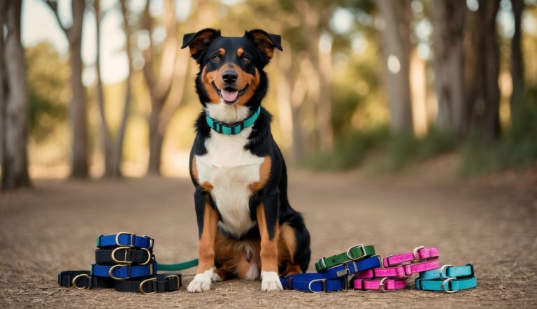 A dog with a teal collar sits on a dirt path surrounded by stacks of various colored collars, showcasing an assortment perfect for Australian Kelpies. Trees line the path in the background, adding to the serene setting.