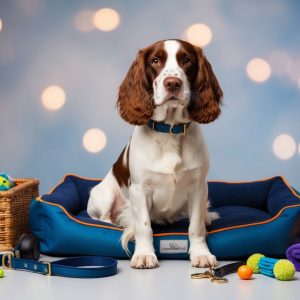 An English Springer Spaniel, with its brown and white coat, sits gracefully on a blue pet bed amidst various dog accessories. A basket can be seen in the background, enveloped in a soft, blurred bokeh effect.