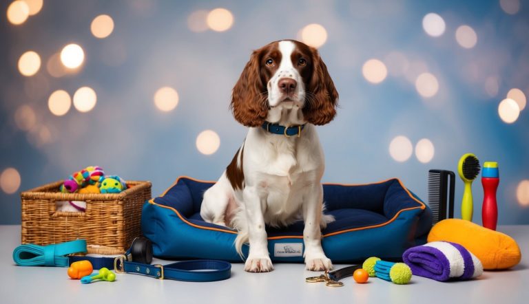 An English Springer Spaniel, with its brown and white coat, sits gracefully on a blue pet bed amidst various dog accessories. A basket can be seen in the background, enveloped in a soft, blurred bokeh effect.