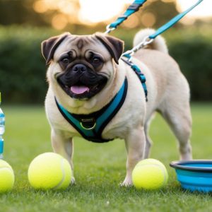 A pug on a leash stands on the grass, surrounded by tennis balls, a water bottle, and a collapsible bowl—true accessories for active dogs and puggle essentials.