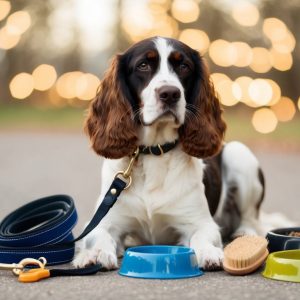An English Springer Spaniel lounges on a path, surrounded by 2025's latest pet accessories: a leash, blue and green bowls, a brush, and dog food. Soft blurred lights twinkle in the background.