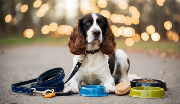 An English Springer Spaniel lounges on a path, surrounded by 2025's latest pet accessories: a leash, blue and green bowls, a brush, and dog food. Soft blurred lights twinkle in the background.