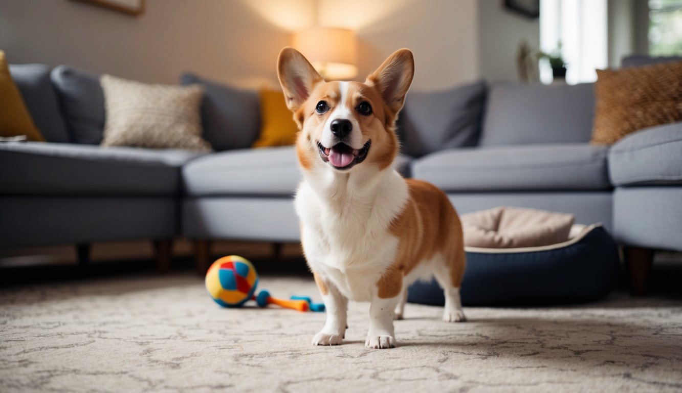 A playful Pembroke Welsh Corgi stands on a carpet in a cozy living room, its curious gaze capturing the multi-colored ball behind it and the essential item of a gray sofa adding to the backdrop.