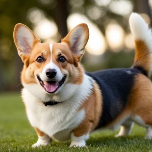 A happy Pembroke Welsh Corgi with a tri-color coat stands on grassy ground, facing the camera with ears perked up and tongue out, against a blurred background of trees.